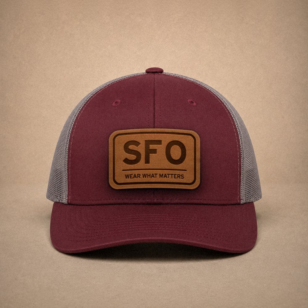 Maroon San Francisco hats — San Francisco SFO Leather Patch Trucker Hat