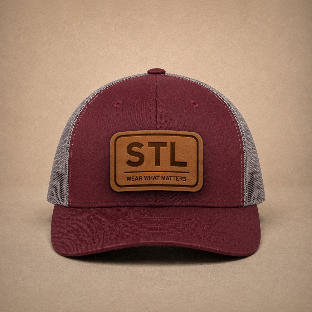 Maroon St. Louis hats — St. Louis STL Leather Patch Trucker Hat