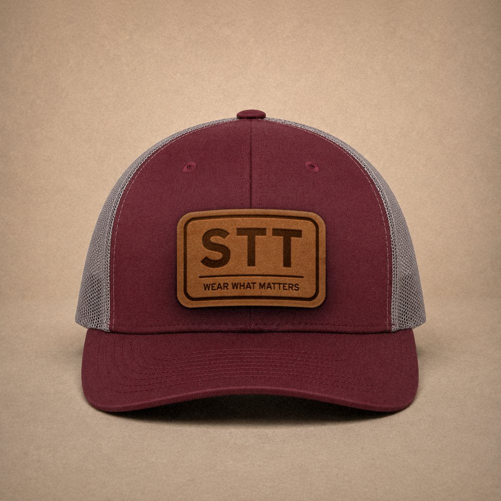 Maroon St Thomas hats — St Thomas STT Leather Patch Trucker Hat