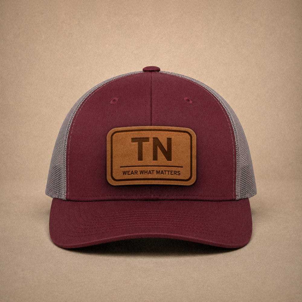 Maroon Tennessee hats — Tennessee TN Leather Patch Trucker Hat