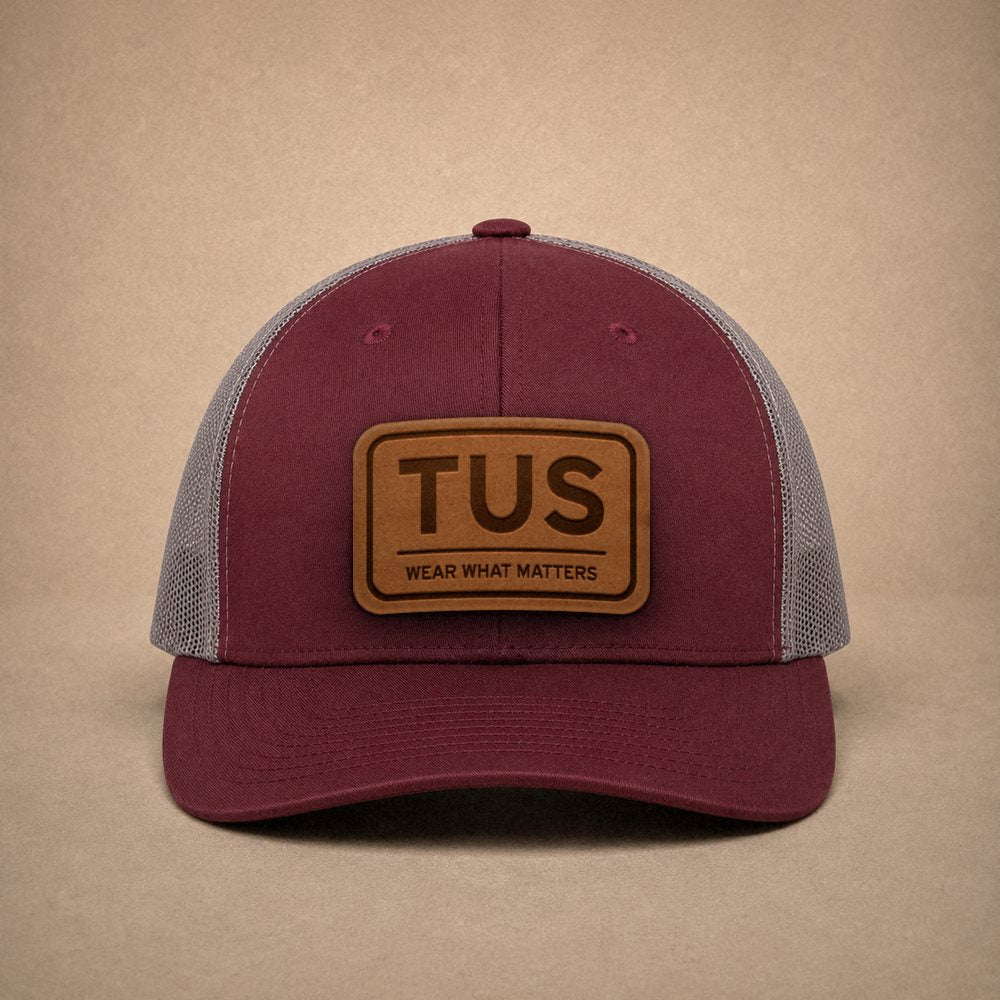 Maroon Tucson hats — Tucson TUS Leather Patch Trucker Hat