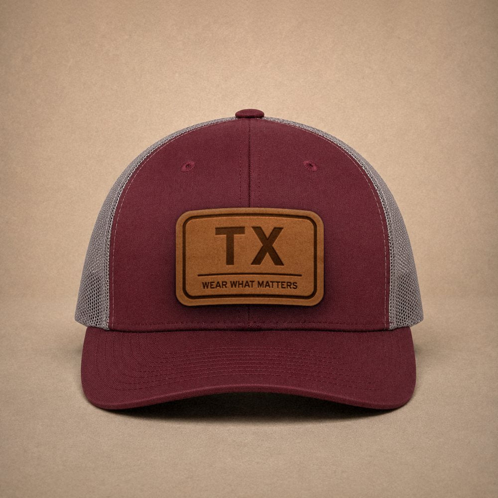 Maroon Texas hats — Texas TX Leather Patch Trucker Hat