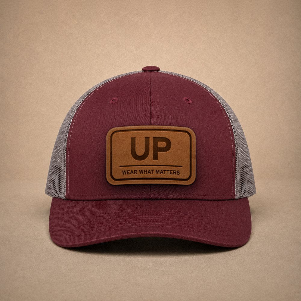 Maroon Upper Peninsula hats — Upper Peninsula UP Leather Patch Trucker Hat