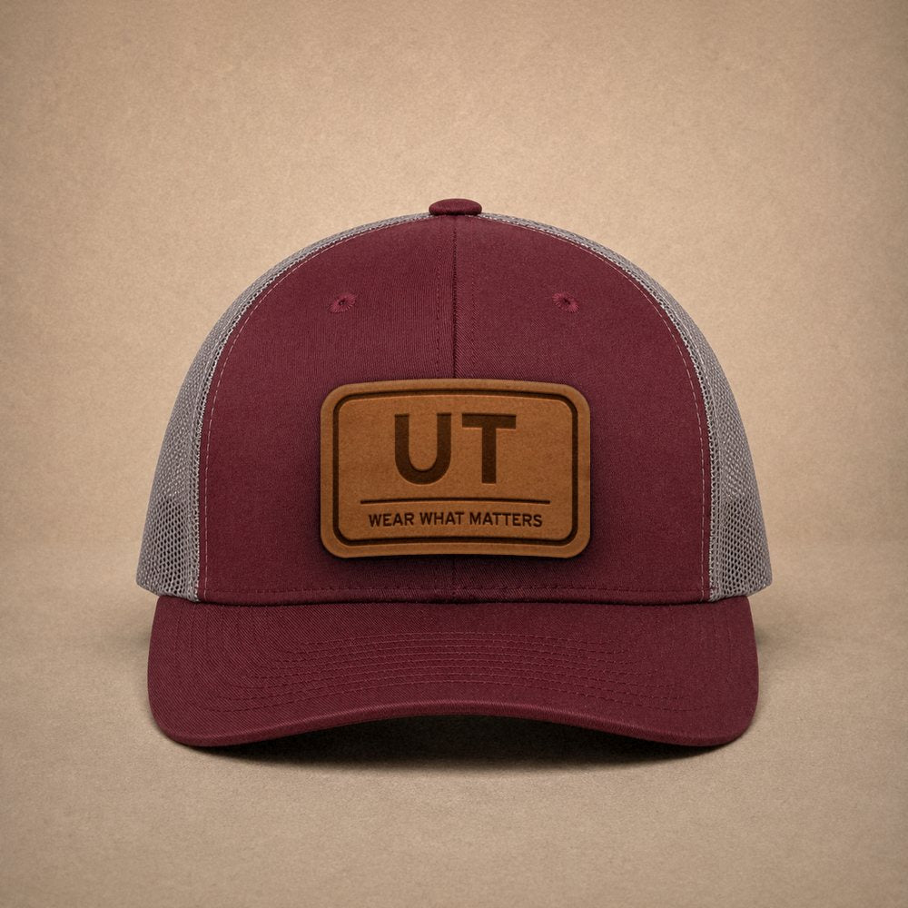 Maroon Utah hats — Utah UT Leather Patch Trucker Hat