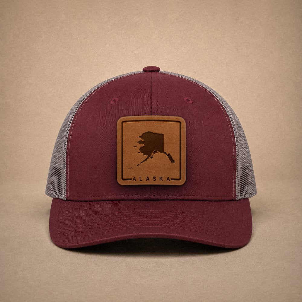 Maroon Alaska hats — Alaska Outline Leather Patch Trucker Hat