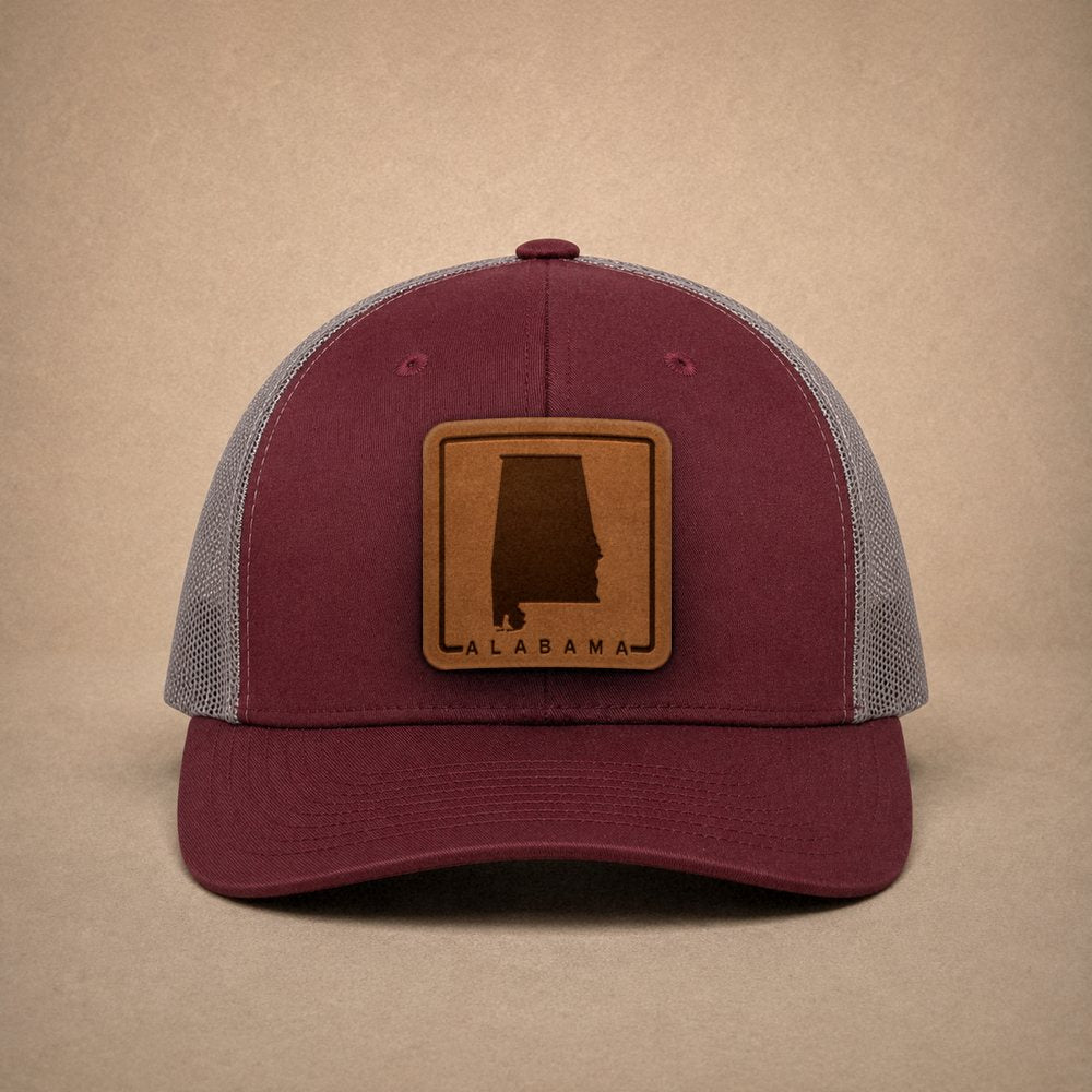 Maroon Alabama hats — Alabama Outline Leather Patch Trucker Hat