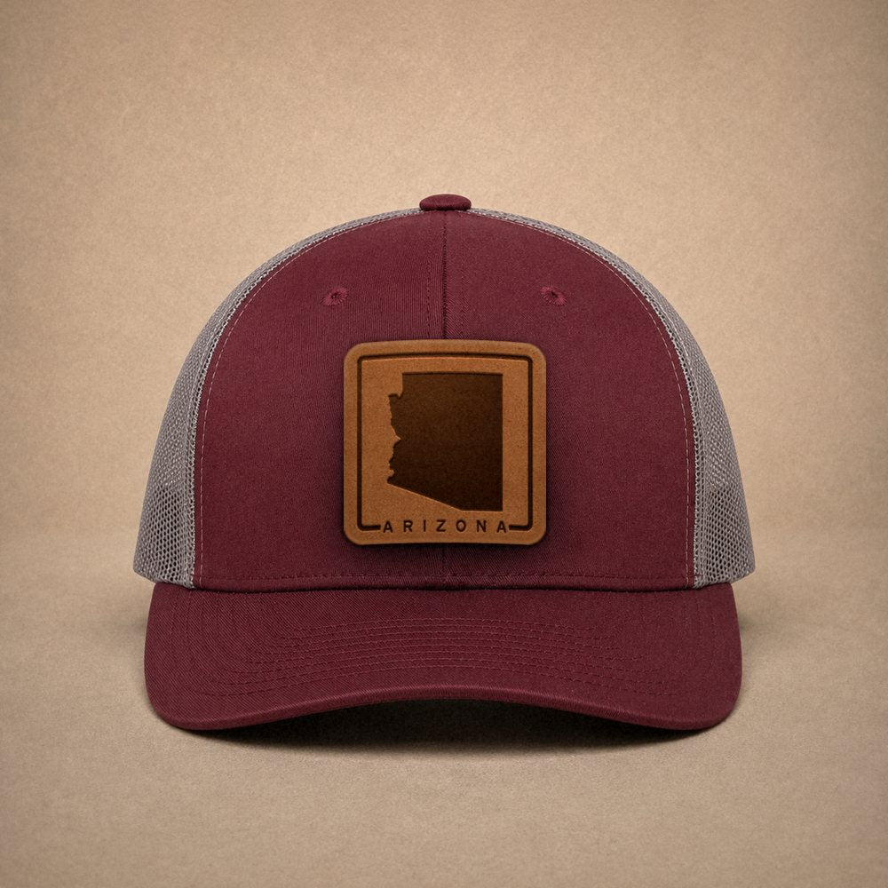 Maroon Arizona hats — Arizona Outline Leather Patch Trucker Hat