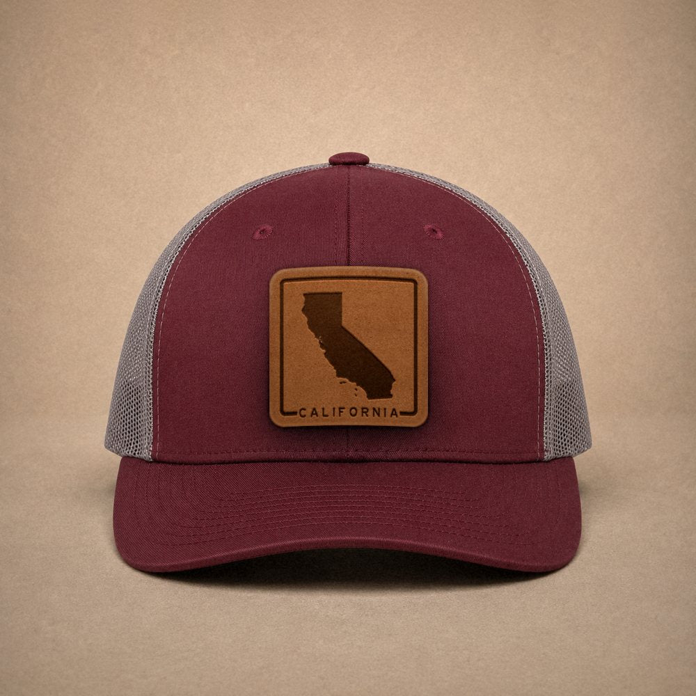 Maroon California hats — California Outline Leather Patch Trucker Hat