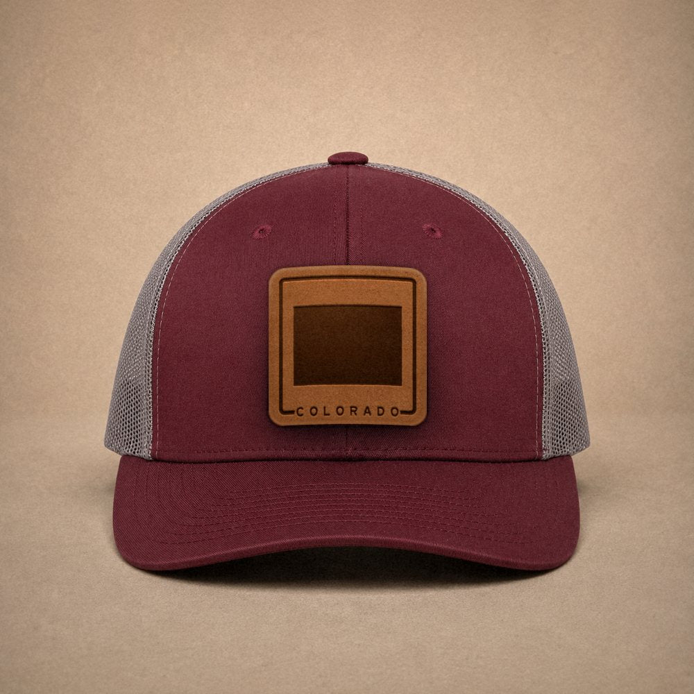 Maroon Colorado hats — Colorado Outline Leather Patch Trucker Hat