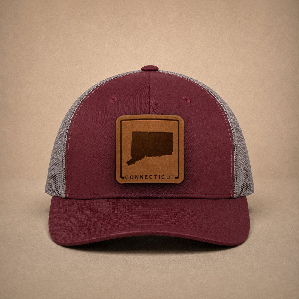 Maroon Connecticut hats — Connecticut Outline Leather Patch Trucker Hat