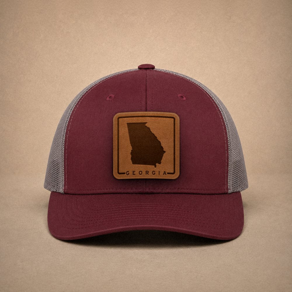 Maroon Georgia hats — Georgia Outline Leather Patch Trucker Hat