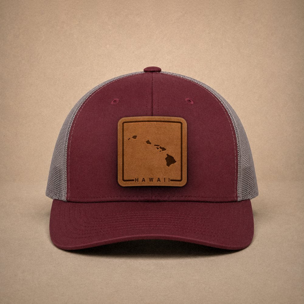 Maroon Hawaii hats — Hawaii Outline Leather Patch Trucker Hat