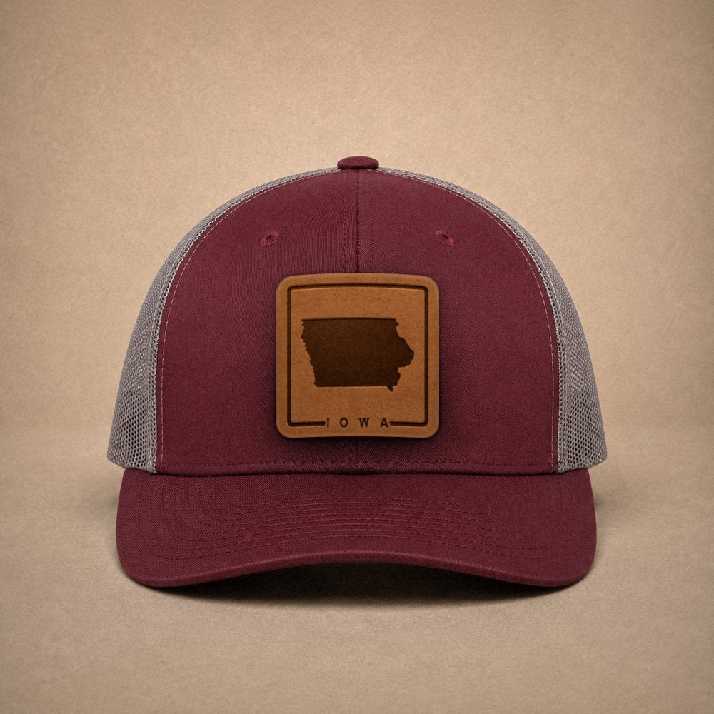 Maroon Iowa hats — Iowa Outline Leather Patch Trucker Hat