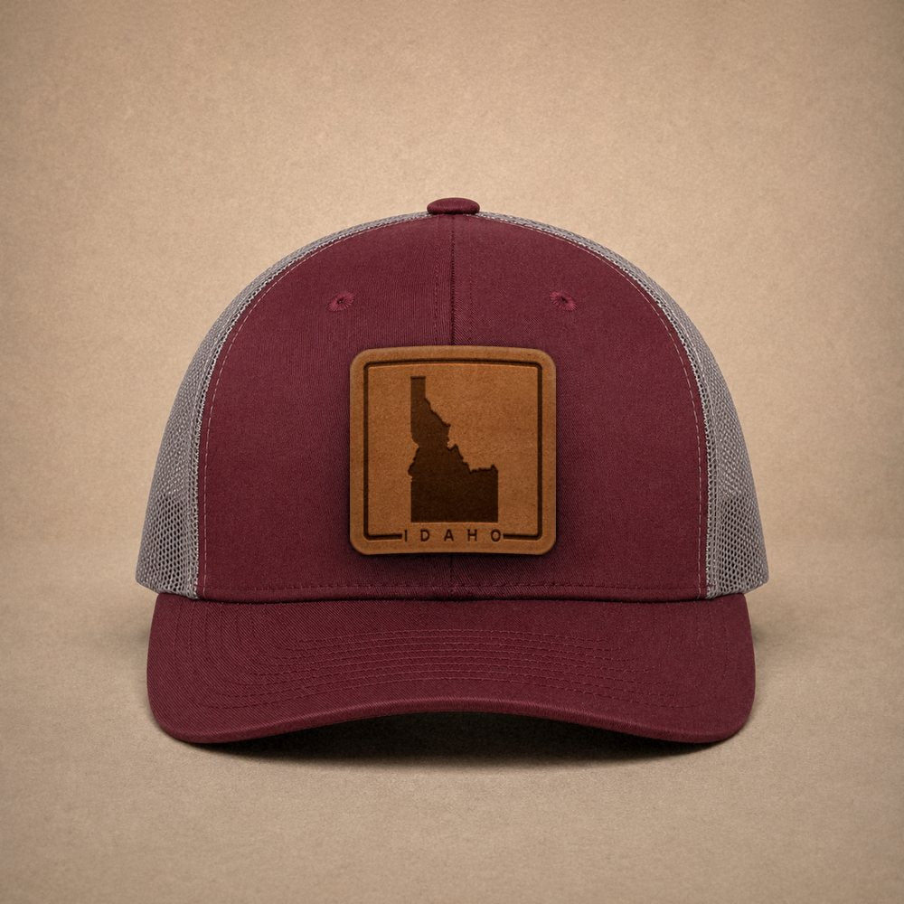 Maroon Idaho hats — Idaho Outline Leather Patch Trucker Hat