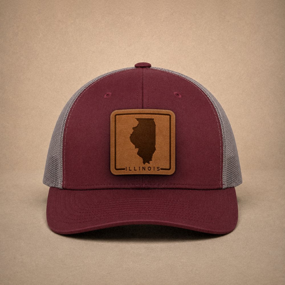 Maroon Illinois hats — Illinois Outline Leather Patch Trucker Hat