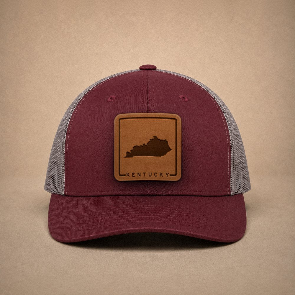 Maroon Kentucky hats — Kentucky Outline Leather Patch Trucker Hat