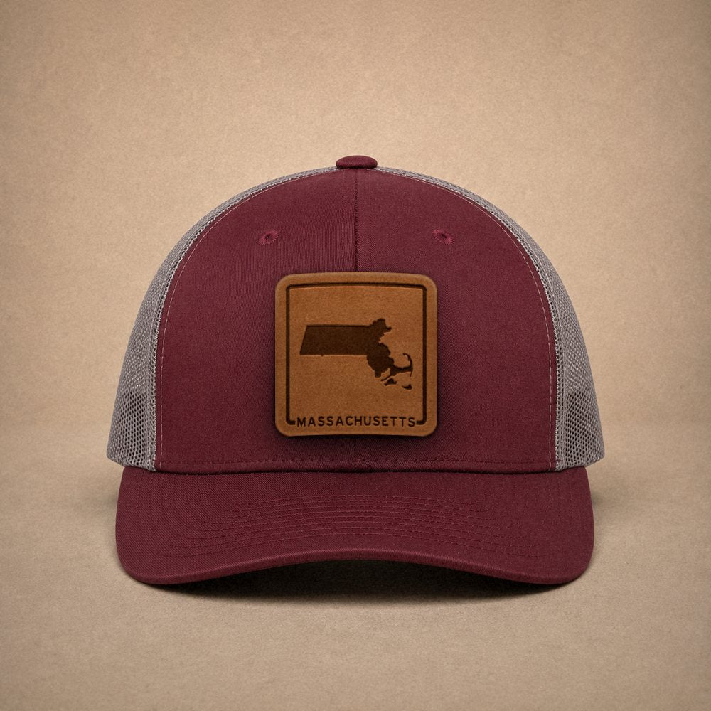 Maroon Massachusetts hats — Massachusetts Outline Leather Patch Trucker Hat