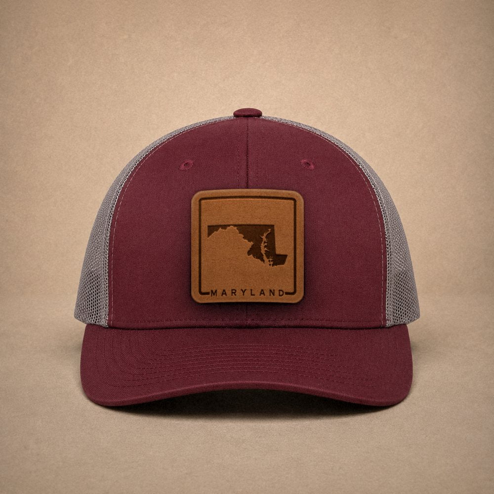 Maroon Maryland hats — Maryland Outline Leather Patch Trucker Hat
