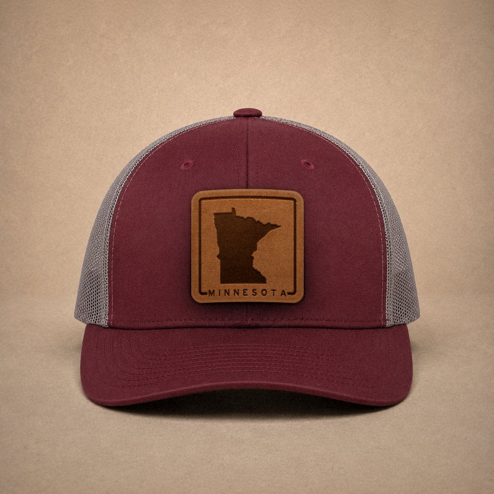 Maroon Minnesota hats — Minnesota Outline Leather Patch Trucker Hat