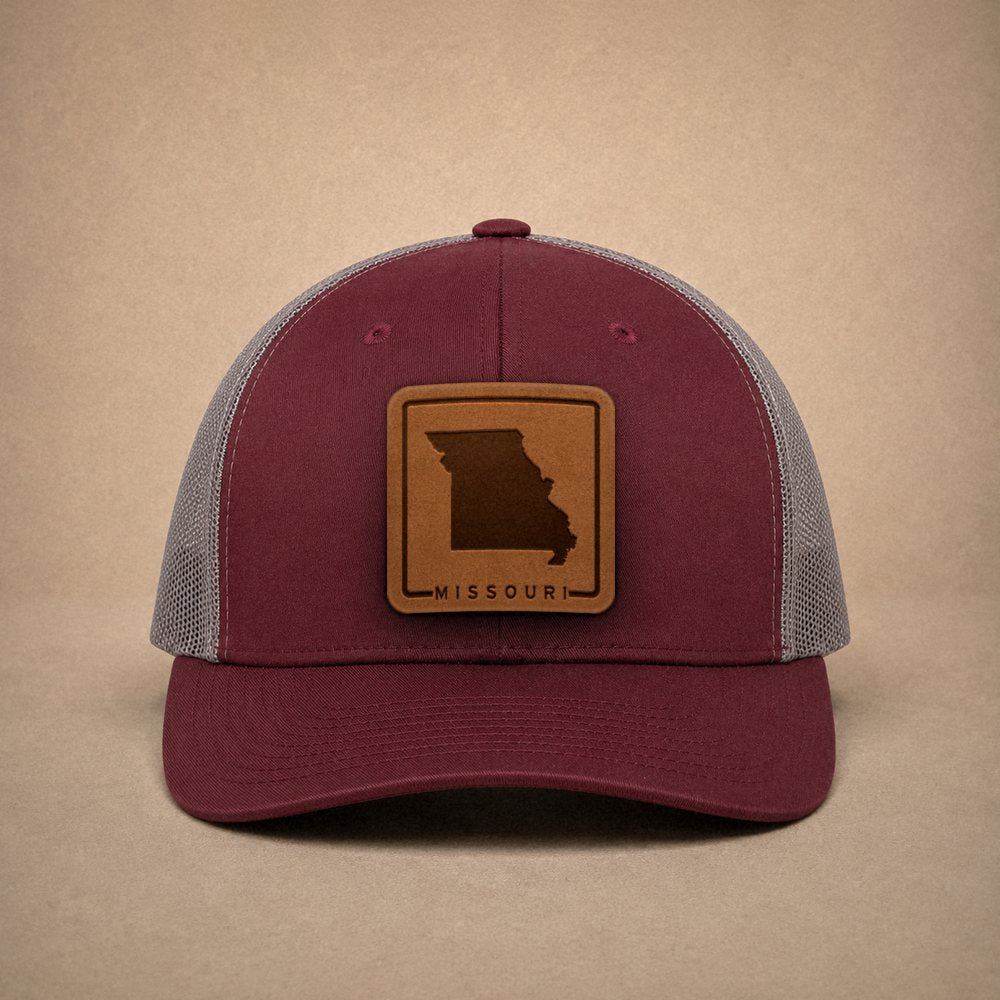 Maroon Missouri hats — Missouri Outline Leather Patch Trucker Hat
