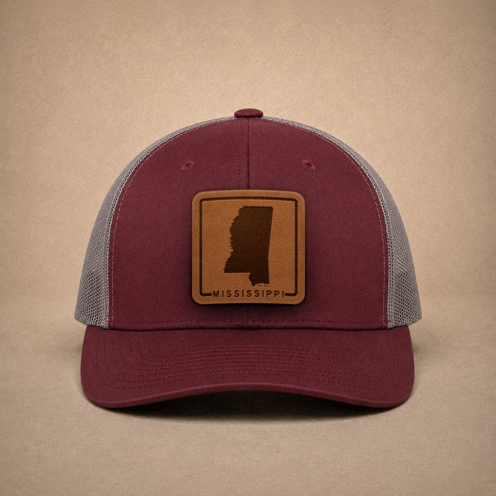 Maroon Mississippi hats — Mississippi Outline Leather Patch Trucker Hat