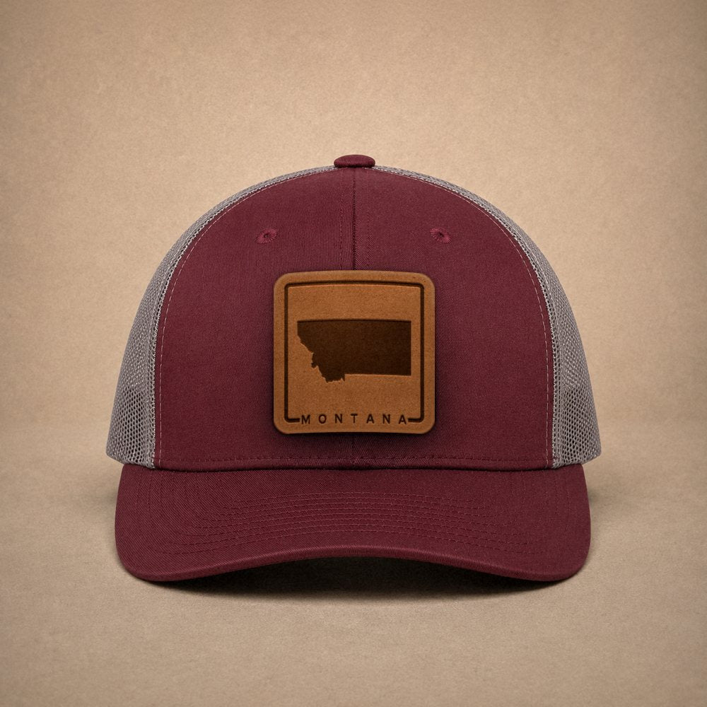Maroon Montana hats — Montana Outline Leather Patch Trucker Hat