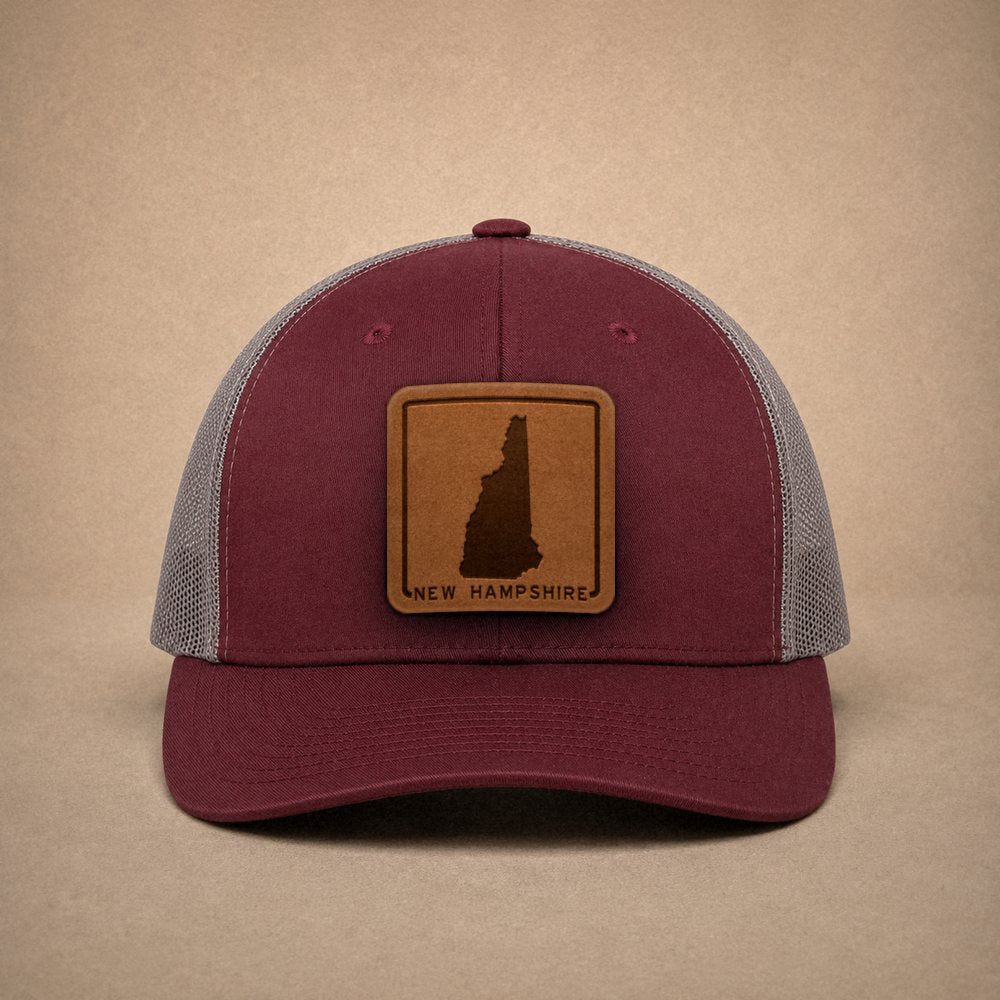 Maroon New Hampshire hats — New Hampshire Outline Leather Patch Trucker Hat