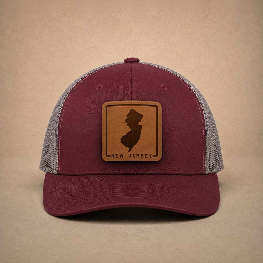 Maroon New Jersey hats — New Jersey Outline Leather Patch Trucker Hat