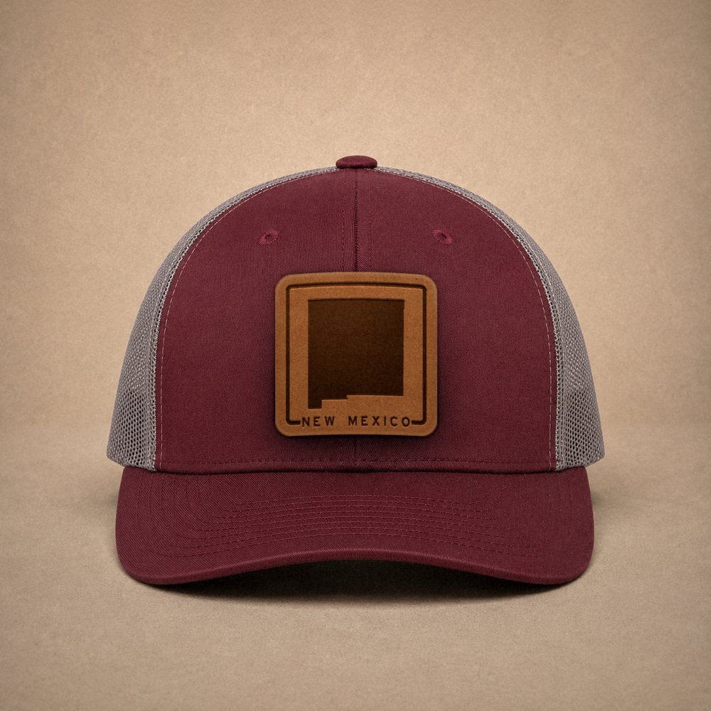 Maroon New Mexico hats — New Mexico Outline Leather Patch Trucker Hat