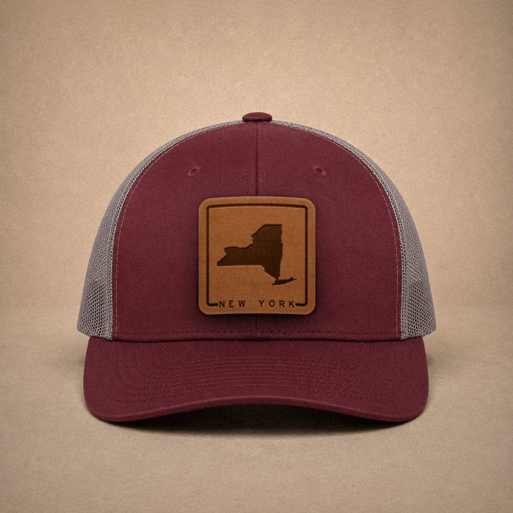 Maroon New York hats — New York Outline Leather Patch Trucker Hat
