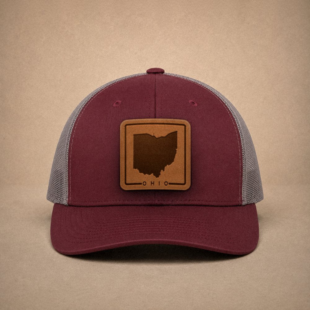 Maroon Ohio hats — Ohio Outline Leather Patch Trucker Hat