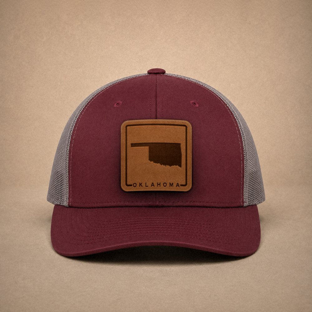 Maroon Oklahoma hats — Oklahoma Outline Leather Patch Trucker Hat