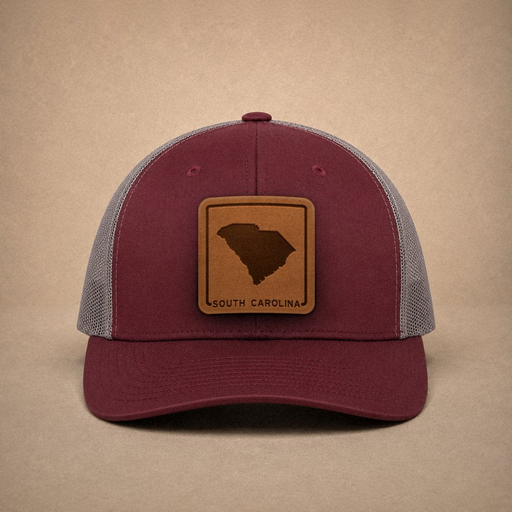 Maroon South Carolina hats — South Carolina Outline Leather Patch Trucker Hat