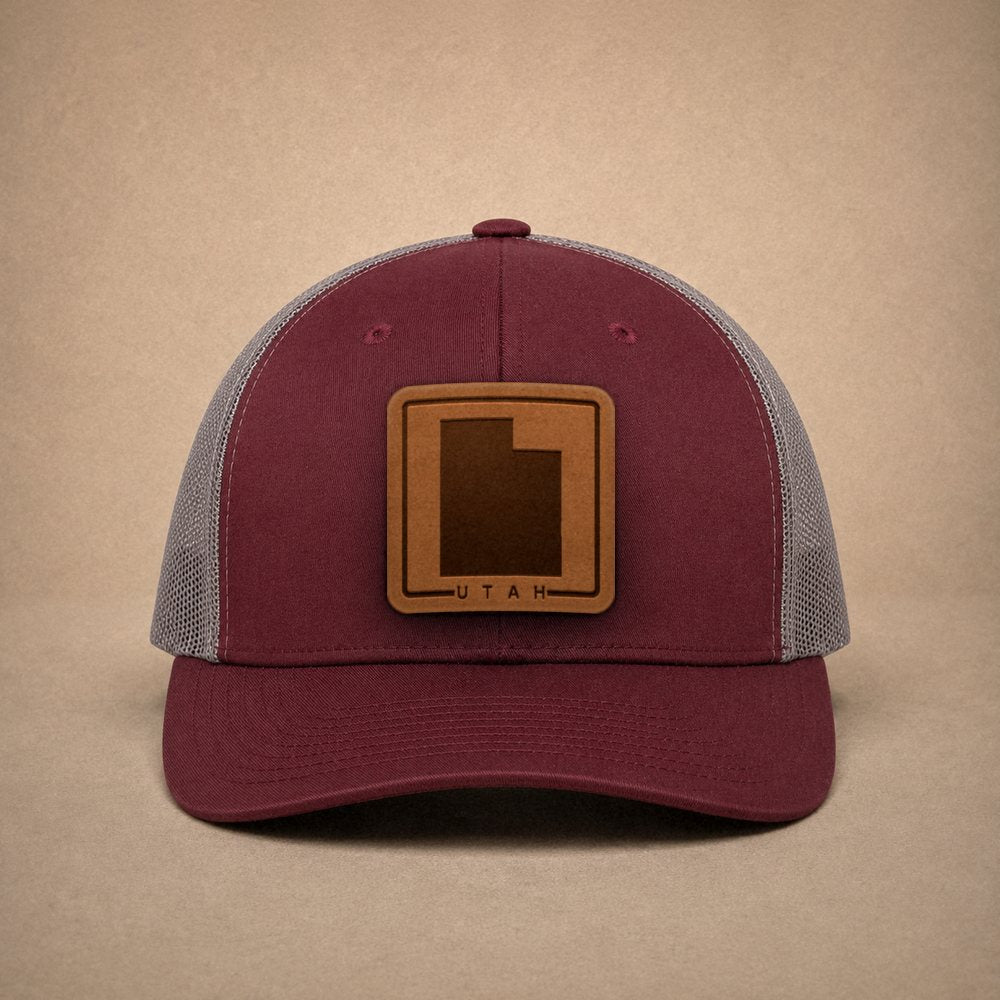 Maroon Utah hats — Utah Outline Leather Patch Trucker Hat