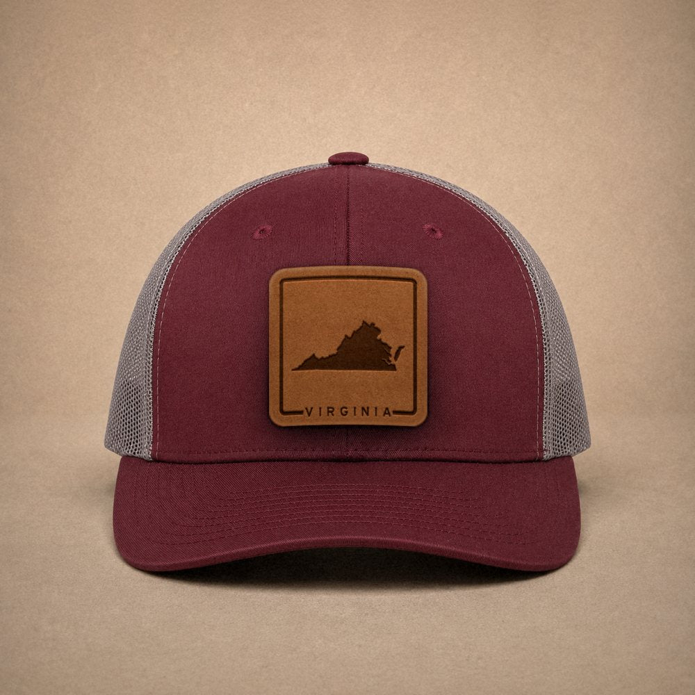 Maroon Virginia hats — Virginia Outline Leather Patch Trucker Hat