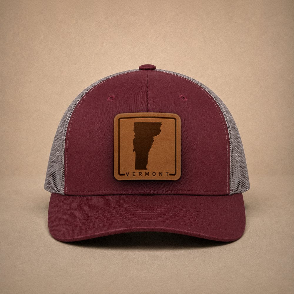 Maroon Vermont hats — Vermont Outline Leather Patch Trucker Hat