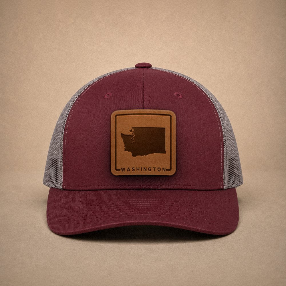 Maroon Washington hats — Washington Outline Leather Patch Trucker Hat