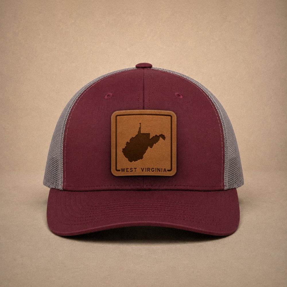 Maroon West Virginia hats — West Virginia Outline Leather Patch Trucker Hat