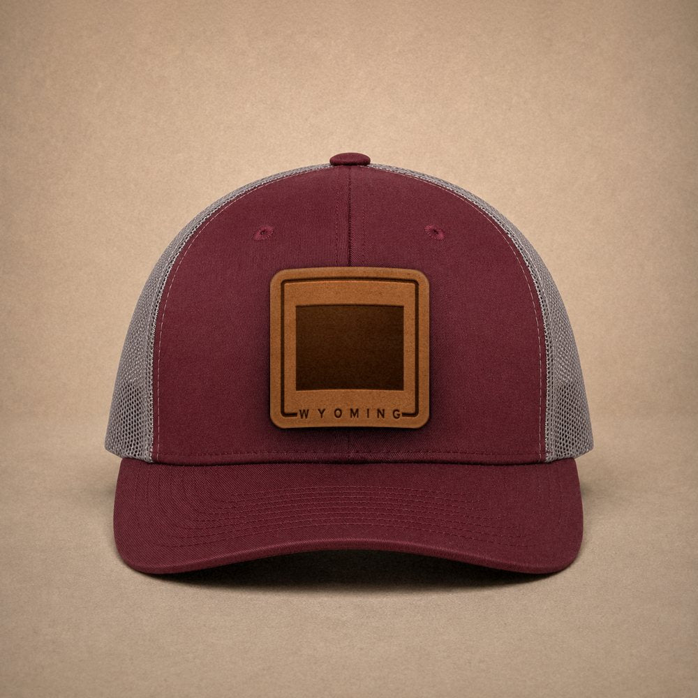 Maroon Wyoming hats — Wyoming Outline Leather Patch Trucker Hat