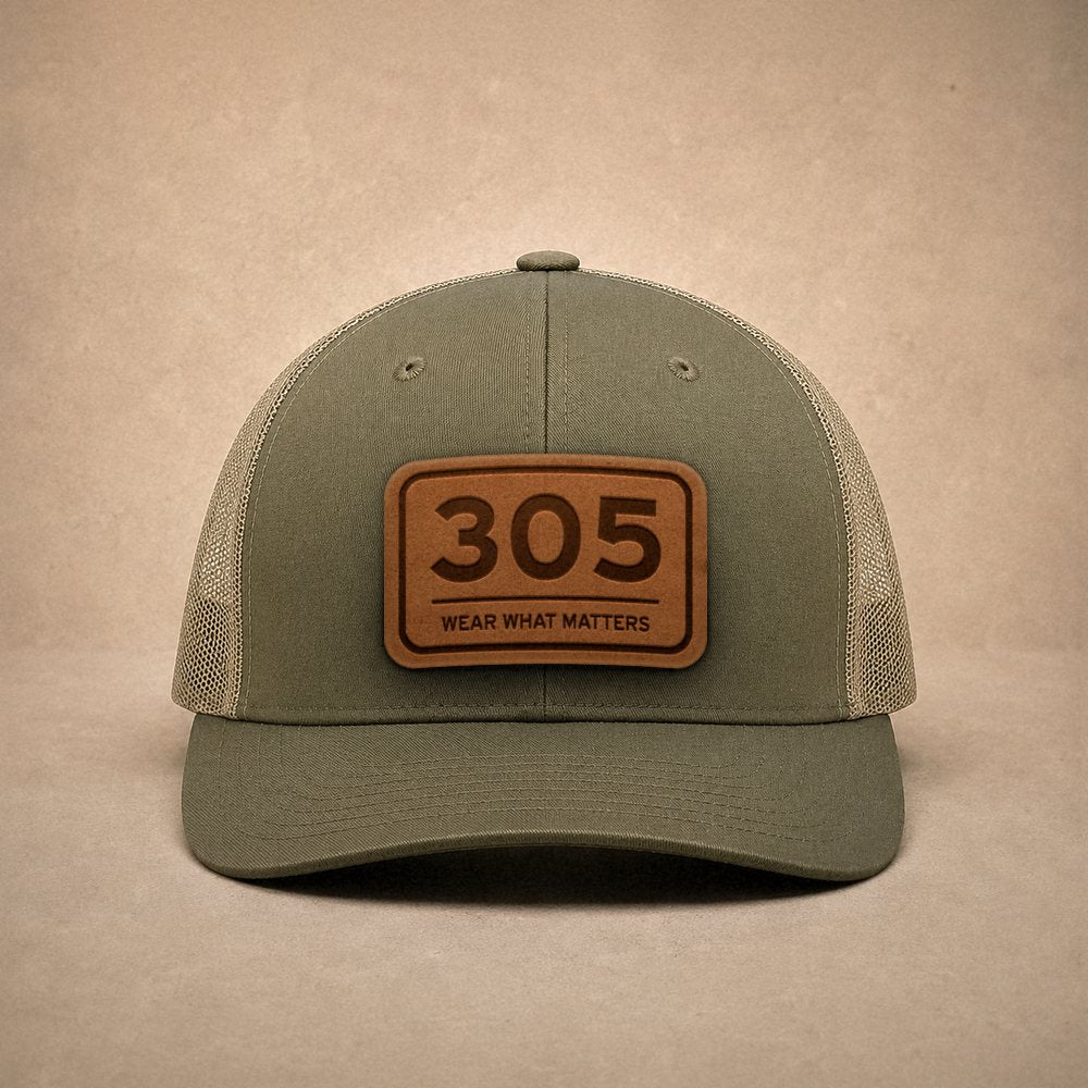 Moss Miami hats — Miami 305 Leather Patch Trucker Hat