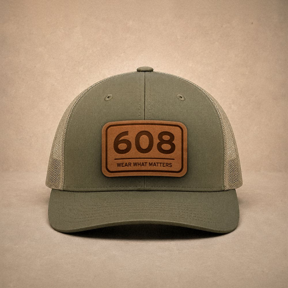Moss Madison hats — Madison 608 Leather Patch Trucker Hat