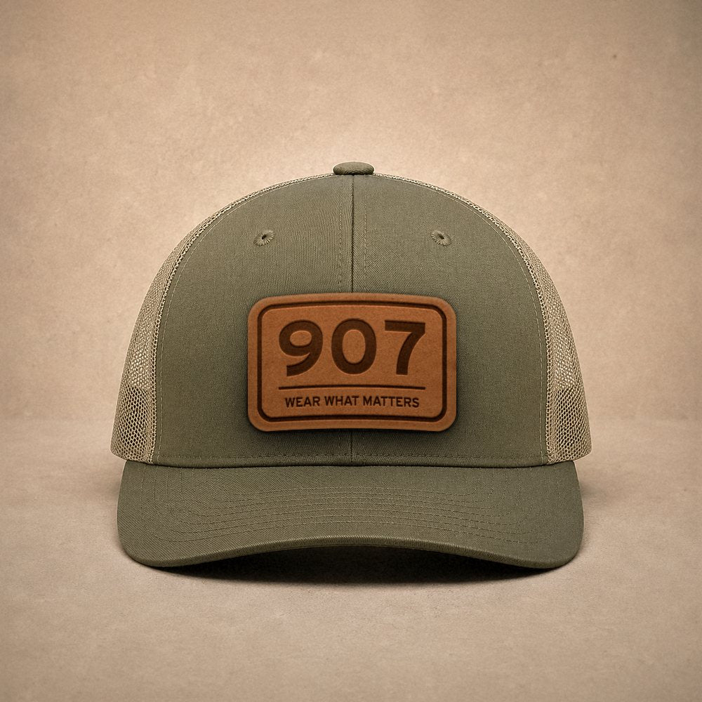 Moss Alaska hats — Alaska 907 Leather Patch Trucker Hat