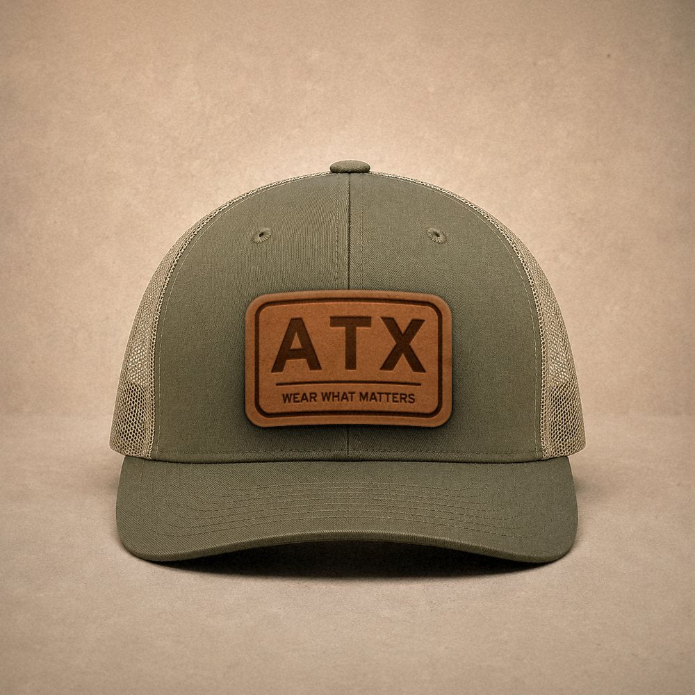 Moss Austin hats — Austin ATX Leather Patch Trucker Hat