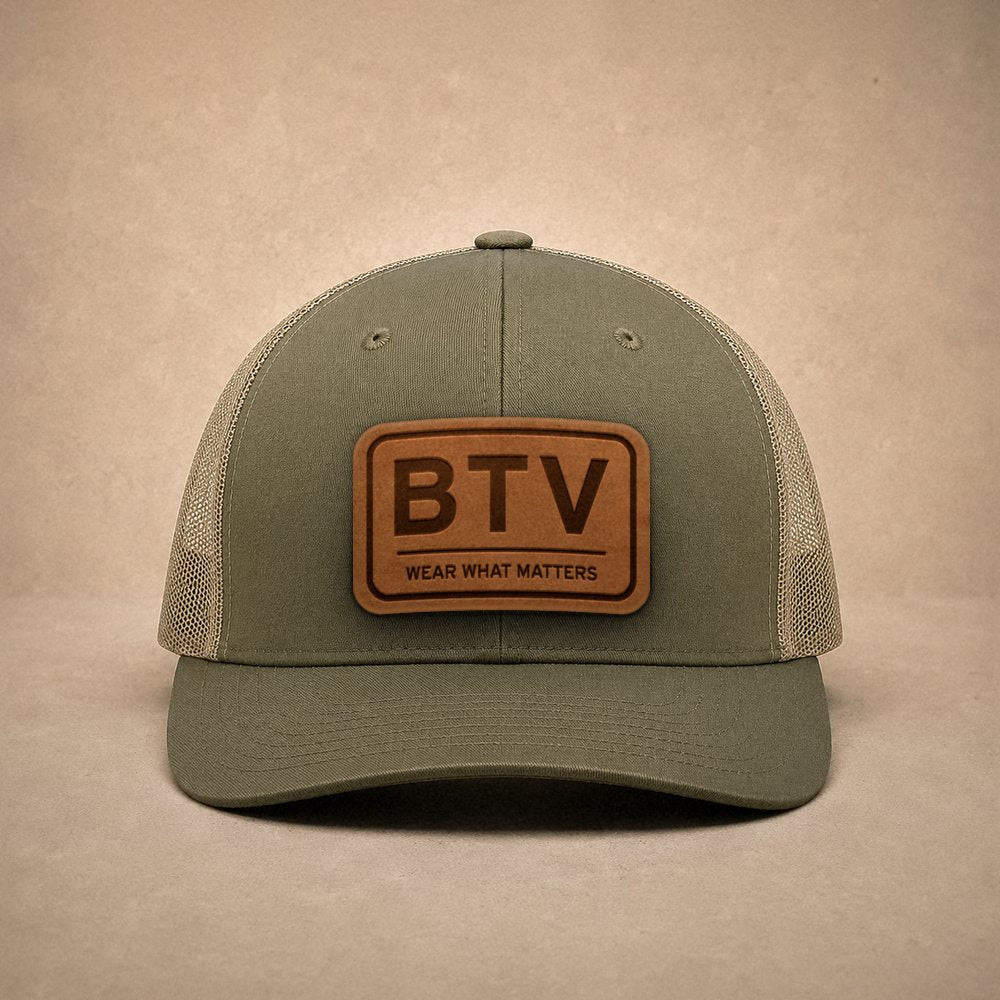 Moss Burlington hats — Burlington BTV Leather Patch Trucker Hat