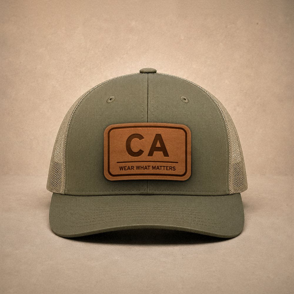 Moss California hats — California CA Leather Patch Trucker Hat