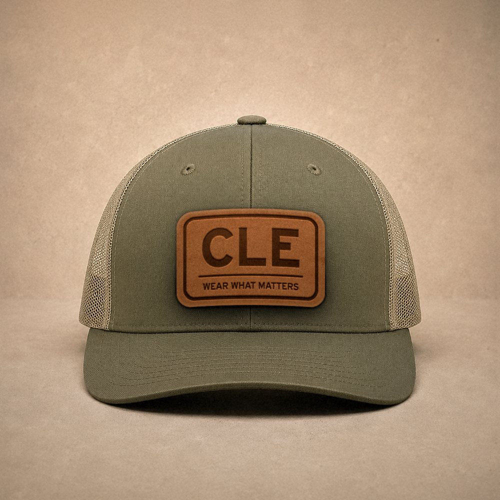 Moss Cleveland hats — Cleveland CLE Leather Patch Trucker Hat