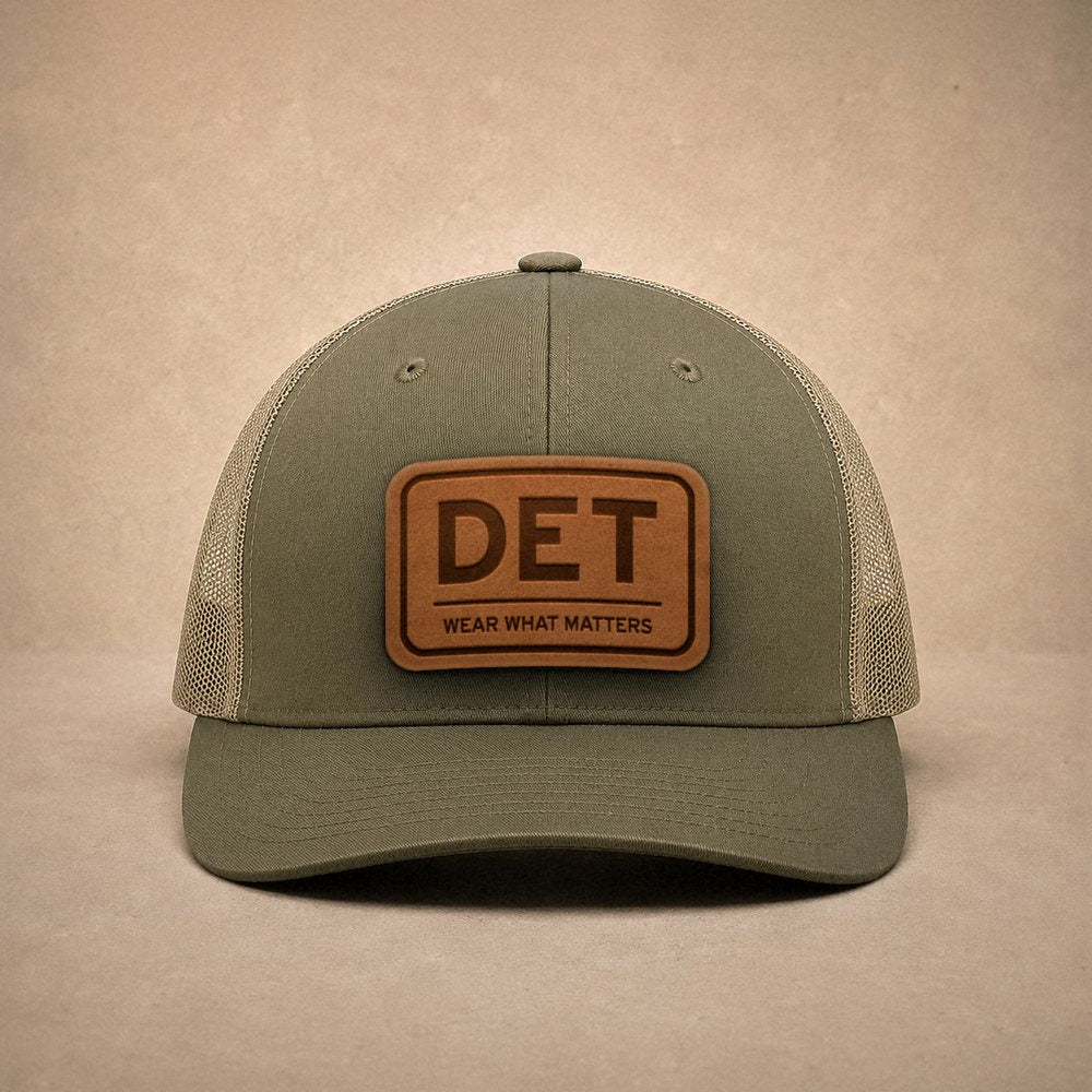Moss Detroit hats — Detroit DET Leather Patch Trucker Hat