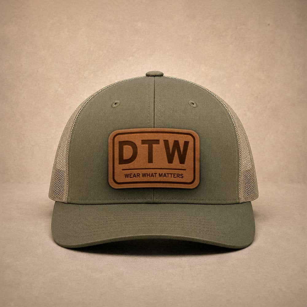 Moss Detroit hats — Detroit DTW Leather Patch Trucker Hat