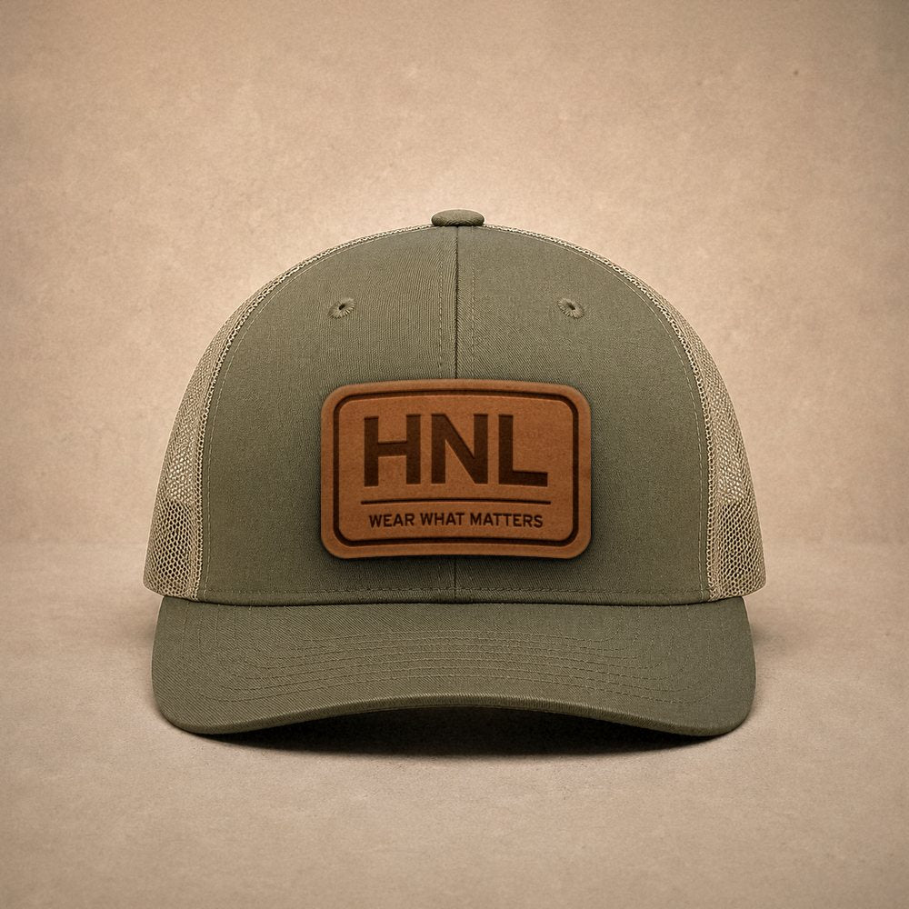 Moss Honolulu hats — Honolulu HNL Leather Patch Trucker Hat