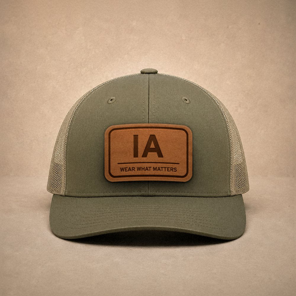 Moss Iowa hats — Iowa IA Leather Patch Trucker Hat